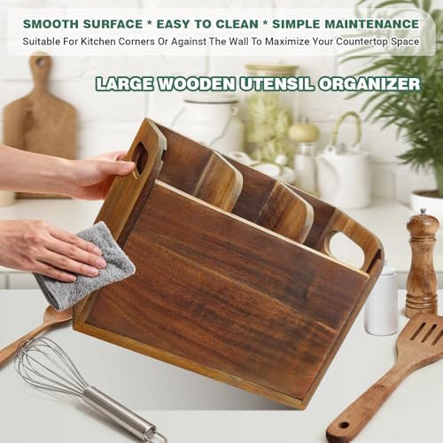 Kitchen Utensil Holder for Countertop with 3 Compartments，Acacia Wood Utensil Holder Cooking Spatula Organizer Large Cut