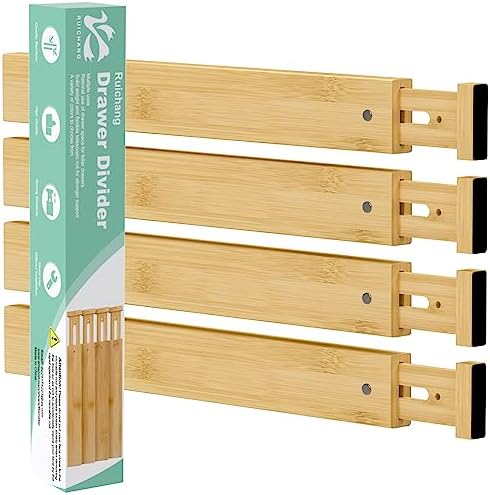 Bamboo Kitchen Drawer Divider 4 Pack,17-22" Adjustable Dresser Drawer Organizer for Bathroom,Bedroom,Natural,2.4 inch High