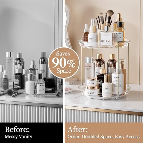 Delamu Rotating Makeup Organizer for Vanity, 2 Tier Bathroom Counter Organizer with Stackable Design, Spinning Skincare 