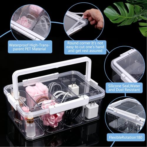 Large Cable Storage Box with Lid Clear Power Cords Organizer 4 Adjustable Dividers Case Desktop Cable Management Box for
