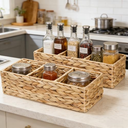 Pumtus 2 Pack 3-Section Woven Baskets, Water Hyacinth Storage Bin, Handwoven Desk Organizer, Toilet Paper Container, Rec