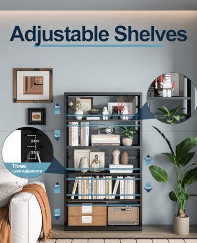 5-Tier Tall Book Shelf, Metal Bookcase with Adjustable Shelves