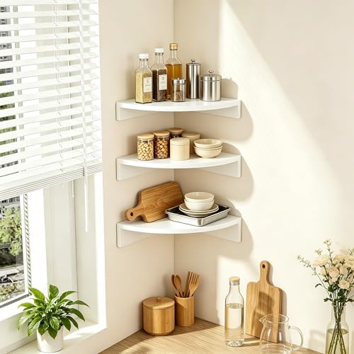 Alsonerbay Wood Corner Floating Shelves with Graduated Size 3-Pack, White