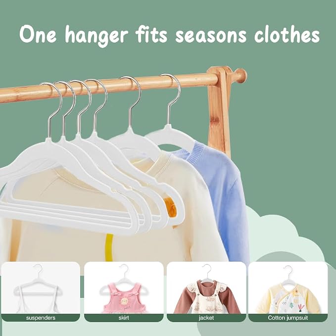 Stormix Baby Velvet Hangers 16 Pack, Kids Non-Slip Felt Hangers with Shoulder Notches, Thin Space Saving Hangers for Closet Organization, 360° Swivel Hook for Toddler's Clothes - White