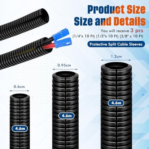 Sasylvia 1/4", 1/2", 3/8" X 10 ft Split Wire Loom Tubing, Cord Protector