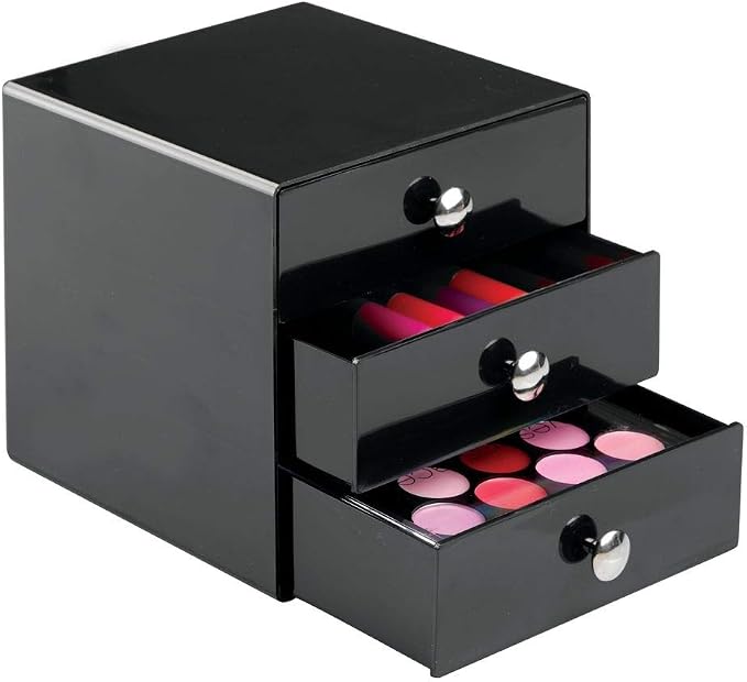iDesign 35360 3-Drawer Plastic Vanity Organizer, Compact Storage Organization Set for Cosmetics, Dental Supplies, Hair Care, Bathroom, Dorm, Desk, Countertop, Office, 6.5" x 6.5" x 6.5", Black | BPA-Free Plastic