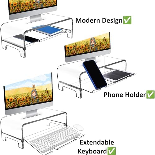 AMT 2 Tier 5.7 Inch High Acrylic Laptop Monitor Stand & Computer Riser with Cat Keyboard Protector, Space-Saving Design,