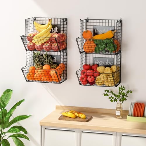 X-cosrack Metal Wire Basket Wall Mount, 4 Tier Extra Large Wall Storage Basket Organizer with Chalkboards, Kitchen Fruit