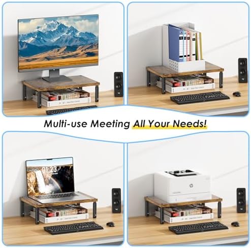 ECOLOVI Adjustable Wood Computer Monitor Stand Riser, Office Desk Organizer and Accessories for Monitor, Laptop, PC, Pri