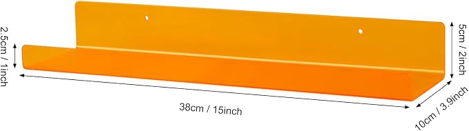 Dezzer 6 Pack Acrylic Shelves for Wall, 15" Acrylic Floating Shelves for Bathroom Bedroom, Invisible Bookshelf Wall Ledge Storage Shelf Books Perfume Toys Action Figure Display Shelves, Clear Orange