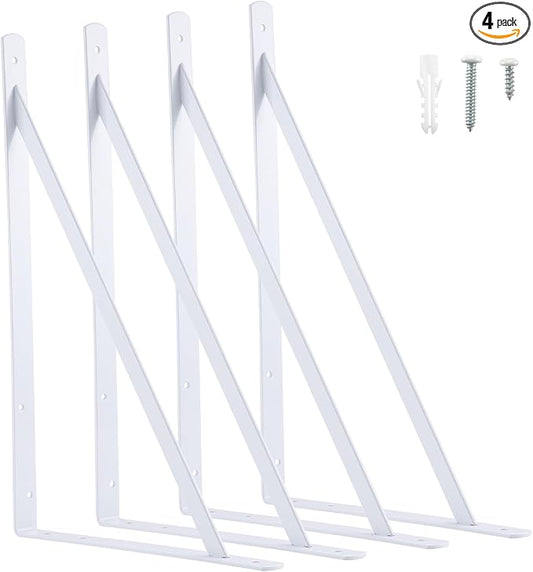 HOME MASTER HARDWARE 20 x 13 inch Heavy Duty Shelf Brackets, 4-Pack White Metal L Brackets - 90 Degree Angle Supports for Wall Mounted Wood Shelving, Floating Shelves with Screws