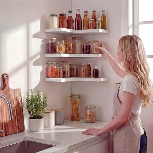 Corner Floating Shelves for Wall Mounted L-Shaped Wood Corner Wall Shelf, Hanging Shelf for Bathroom, Bedroom, Kitchen, 