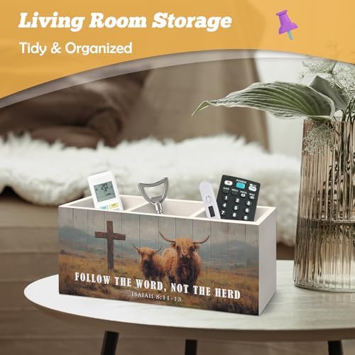 Christian Highland Cow Pen Holder Organizer for Desk Accessories, Follow the Word Not the Herd Bible Verse Rustic Highland Cow Wooden Box Sign Desk Decorations for Home Office Decor