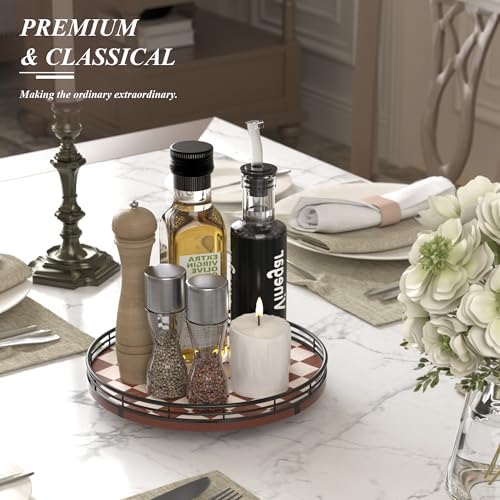 AMH 10-Inch Brown Checkerboard Lazy Susan Organizer with Black Metal Rail