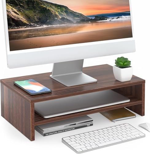 FITUEYES Wooden Monitor Stand Riser, 2-Tier Desk Storage Shelf, Brown