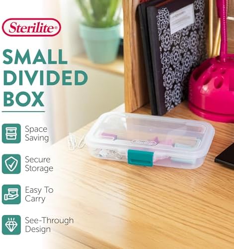 Sterilite Small Divided Box, Storage Bin w/Latching Lid, Clear, 12 Pack