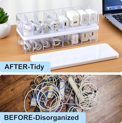 Tatuo Cord Organizer Box with Lid, Clear, White, 6 Pack