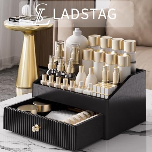 LADSTAG Vanity Organizer,Leather Skin Organizers with 1 Drawer&Tray,Large Capacity Black Vanity Organizers and Storage f
