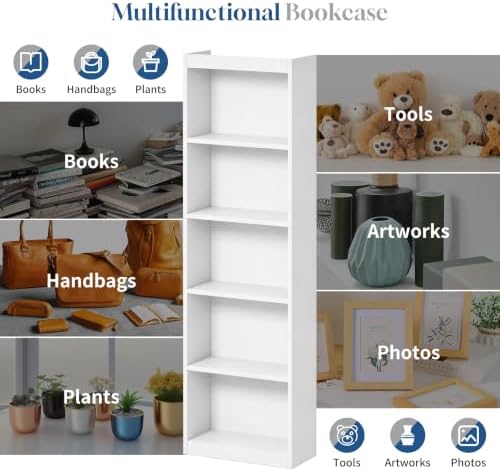 White Book Shelf,5-Tier Bookshelf Storage Shelves,68 Inch Bookcase