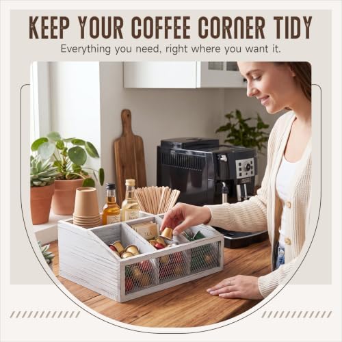Yalikop White Wooden Coffee Bar Organizer, No Assembly, Farmhouse