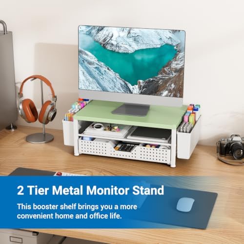 Wood Metal Monitor Stand Riser, Laptop Stand for Desk, Office Desk Organizer and Accessories, Computer Desktop Shelf wit