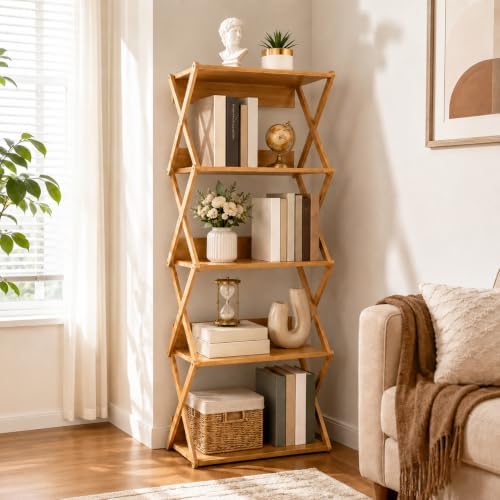 Aniston Bookshelf, 5 Tier Bamboo Bookcase with Back Panel, Standing Book Shelf for Small Space, Storage Shelves for Livi