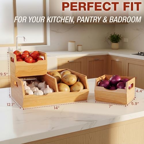 HOMESTEAD Stackable Solid Wood Storage Bins for Pantry & Countertop, Ventilated Potato and Onion Basket Organizer with H