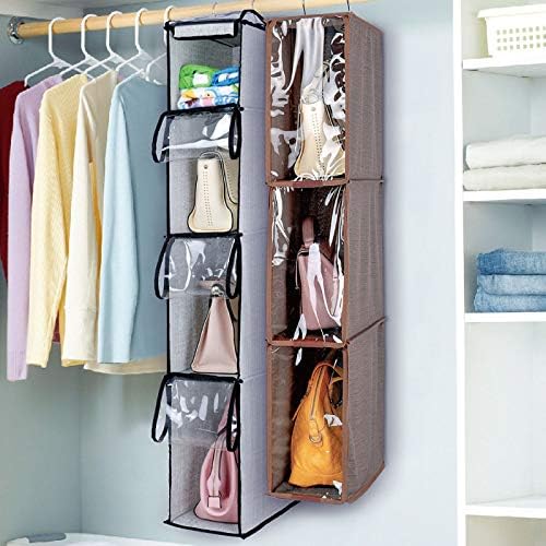 4 Tier Handbag Purse Organizer with Dustproof Cover, Foldable Hanging Closet Wardrobe Storage Shelves Closet Storage System for Living Room Bedroom Home Use, Grey