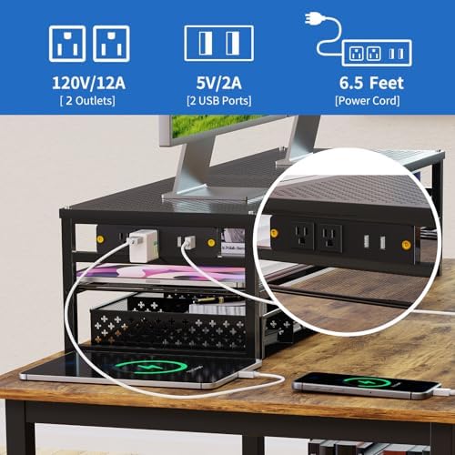 Simple Trending 2-Tier Metal Dual Monitor Stand with USB & 2 Drawers, Black