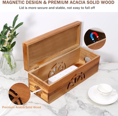 Wood Cable Management Box - 15.8" (L) x 6" (W) 5.5" (H) Acacia Wood Cable Hider Box, Cord Hider with Magnet Design & Out