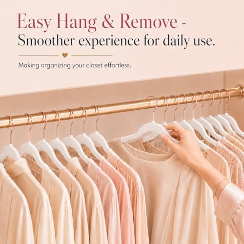 Smartor White Velvet Hangers 50 Pack, Non Slip Rose Gold Hook Felt Hangers