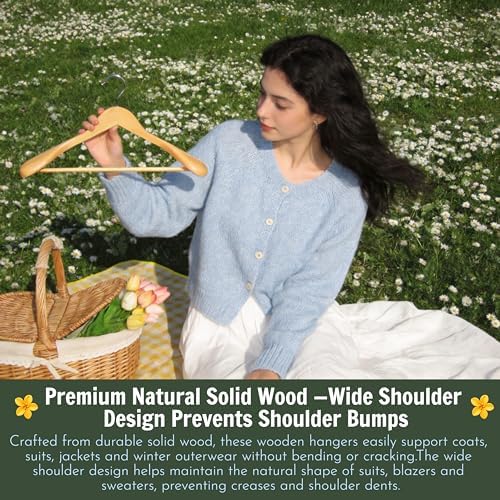 Luxury Wide Shoulder Wooden Suit Hangers with Pants Bar, Classic Solid Wood Jacket Clothes Hangers Smooth Finish for Sweater Dress Pants Sport Coats (Natural, 6 Pack)