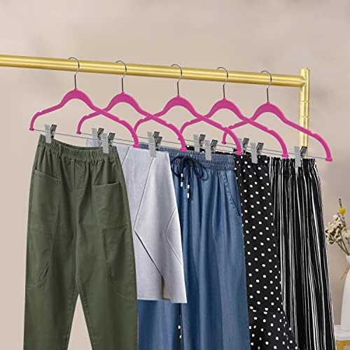 80 Pack Pink Quality Plastic Non Velvet Non-Flocked Thin Compact Coat Hangers with Metal Clips for Skirts Pants Blouses 360° Swivel Hook