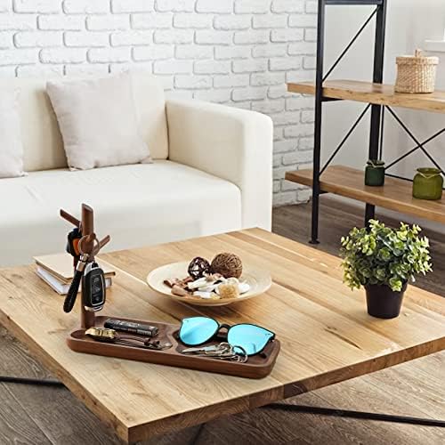 Walnut Wood Key Tray for Entryway Table, Jewelry Tray, Catchall Tray with 3 Stand Hanging Organizer, for Rings, Phone, B