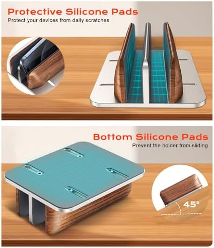 JCZT Vertical Laptop Stand, Walnut Dual Laptop Holder, Silver