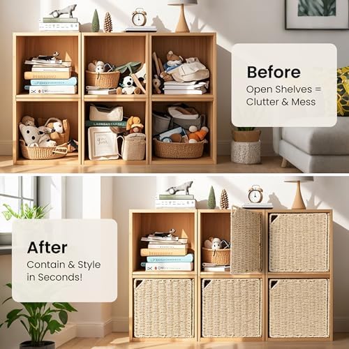 AELS 13" Handwoven Natural Fibre Doors for Cube Storage Shelf, Set of 3, Boho Straw Shelf Cover for Bookcase & Open Book