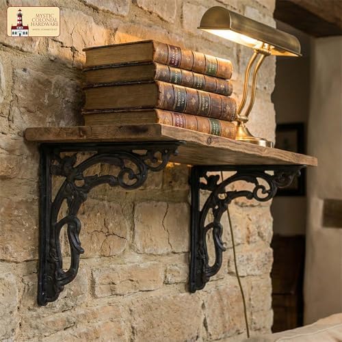 Mystic Colonial Cast Iron Shelf Brackets, Victorian Gothic Decorative Wall Shelf Supports, 8.75 x 7.5 Inch, Heavy-Duty R
