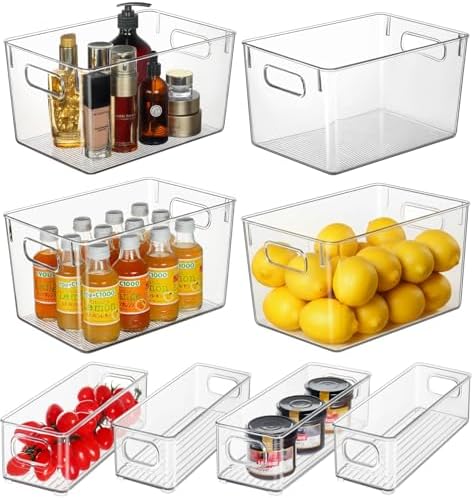 Hudgan 8 Clear Plastic Storage Bins for Pantry Organizer, Kitchen Cabinet