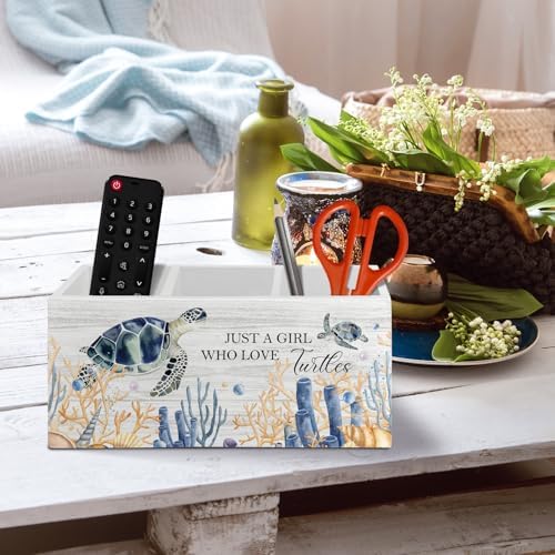 Coastal Beach Sea Turtle Pen Pencil Holder Organizer for Desk Accessories, Sea Turtle Gifts for Women Wooden Box Sign Desk Decor for Home Office Decoration, Beach Office Decor