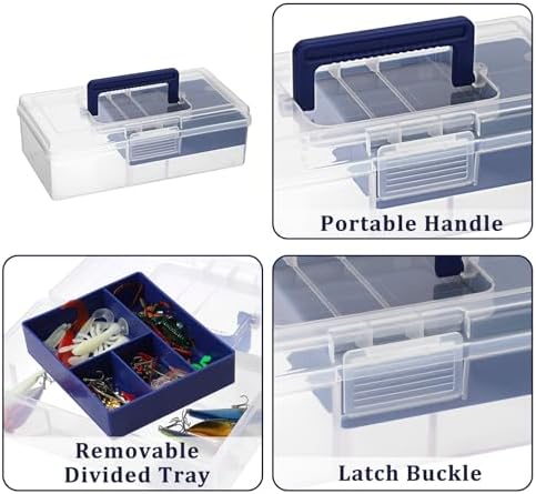 JUXYES Plastic Carry Storage Box with Removable Dividers, Clear Art Craft Supply Storage Bin Sewing Box with Handle Lid,