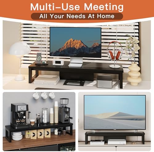 Dual Monitor Stand Riser, Wood and Steel Monitor Stand for Desk, Multi-Purpose Desk Shelf Organizer for Computer, Laptop