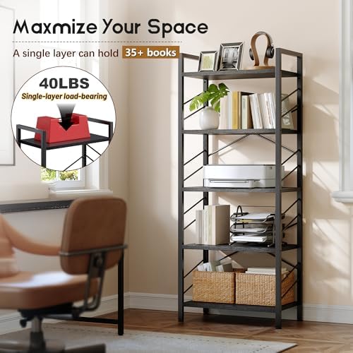 DurayLoly 5-Tier Bookshelf, Black Metal Bookshelf for Home Office, Black