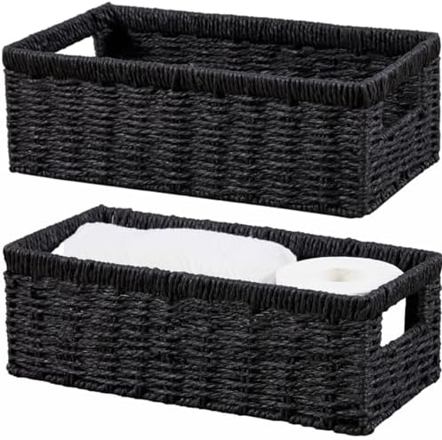Vagusicc Wicker Storage Basket, Paper Rope Wicker Baskets with Handles, Toilet Paper Basket for Toilet Tank Top, Small Wicke Baskets for Organizing Shelves, 2-Pack, Black