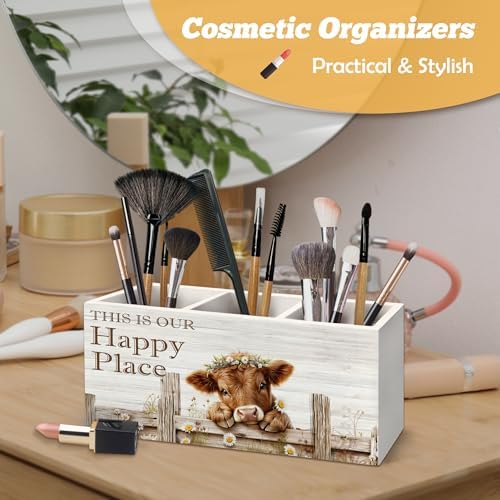 Highland Cow Pen Holder Organizer for Desk Accessories, This Is Our Happy Place Rustic Farmhouse Wooden Box Sign Desk Decorations for Home Bedroom Office Decor, Highland Cow Gifts
