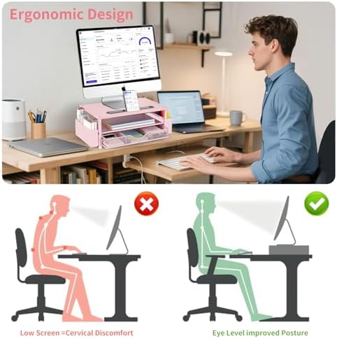 AUPSEN Pink Desk Organizers and Accessories, 2-Tier Wood Computer Monitor Stand with Drawer, Pen Storage & Phone Holder,