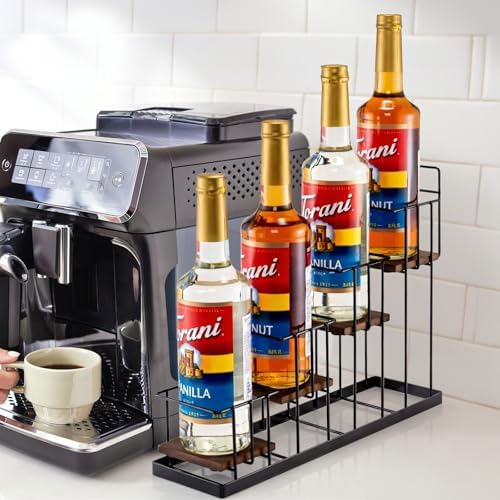 Coffee Syrup Rack Organizer, with Rustic Wood Holder Coffee Station Bar Accessory for Syrup, Wine, Dressing Bottle Count