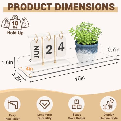 Qukaka 15" Clear Floating Shelves for Wall, 4 Pack Display Ledges