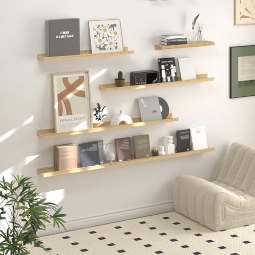 SAUMONIERES Picture Ledge Shelf Floating Book Shelves Set of 2 Wall Mounted Solid Wood for Bedroom Bathroom Living Room 
