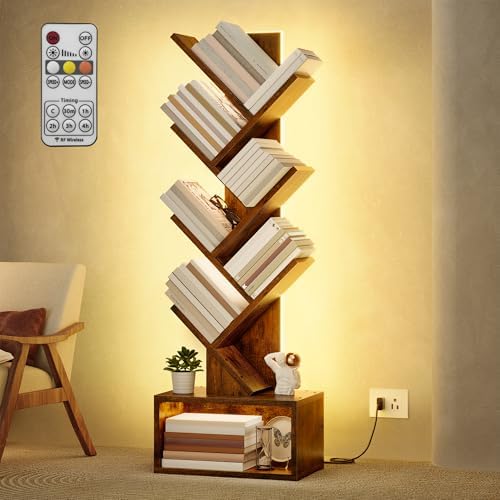 Hoctieon 6 Tier Tree Bookshelf, Tall Bookcase, Freestanding Book Shelf with LED Lights, Display Floor Standing Storage S