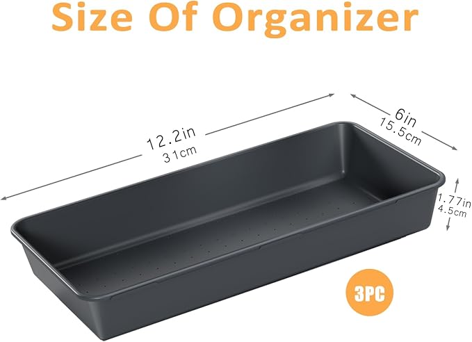 3PCS Large Plastic Drawer Organizer, 12" X 6" Desk Drawer Organizer and Storage Trays, Large-size Storage Bins, Organization and Storage Container for Makeup Vanity, Kitchen Utensil, Office, Bathroom